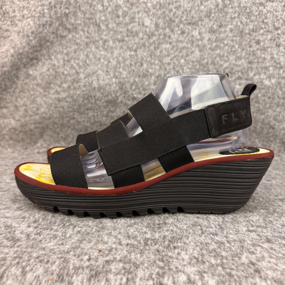✅Womens 42 Fly London Wedge Sandal Black Elastic Strappy Platform YERY389FLY